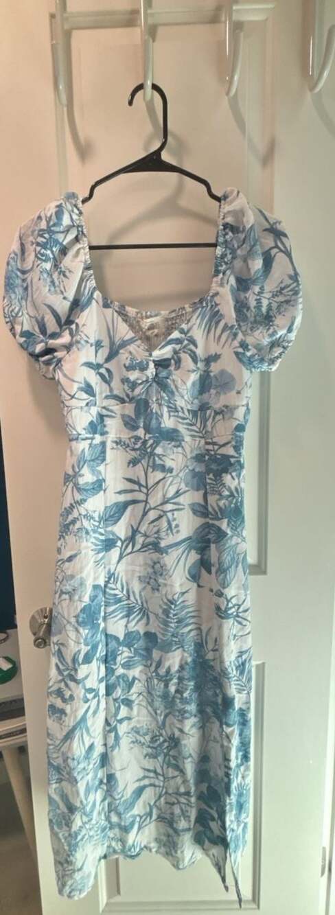 Sweet Wanderer Floral Puff Sleeve Midi Dress Blue White